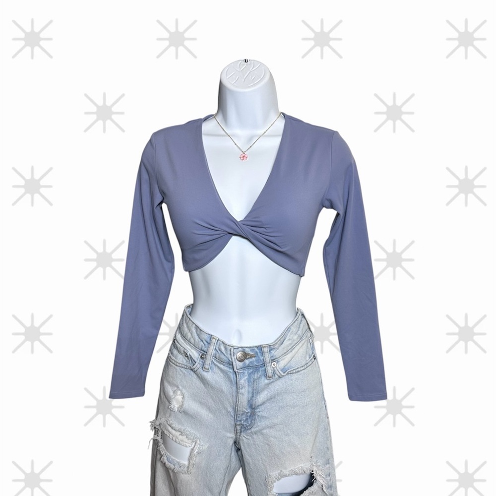 Twist Front Crop Top Long Sleeve Purple V Neck Y2K Streetwear Clubwear. Size sma